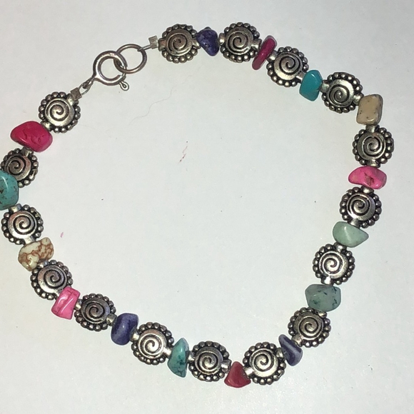 925 Sterling Silver Multicolor Semi Precious Stone Beaded Boho Ankle Bracelet - Picture 2 of 5